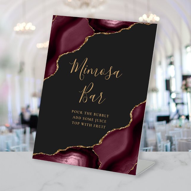 Mimosa Bar Burgundy Gold Agate Dark Bridal Shower Pedestal Sign (Creator Uploaded)