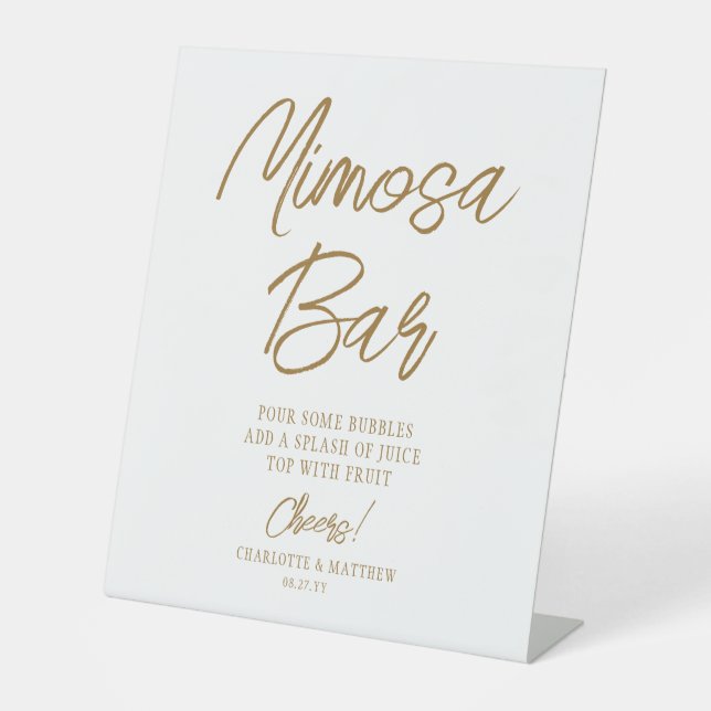 Mimosa Bar Cheers Modern Handwritten Gold Script Pedestal Sign (Front)