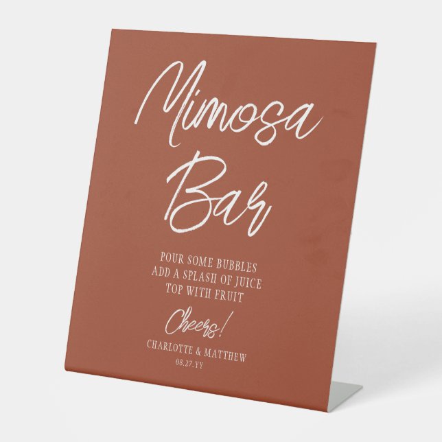 Mimosa Bar Cheers Modern Script Copper Pedestal Sign (Front)