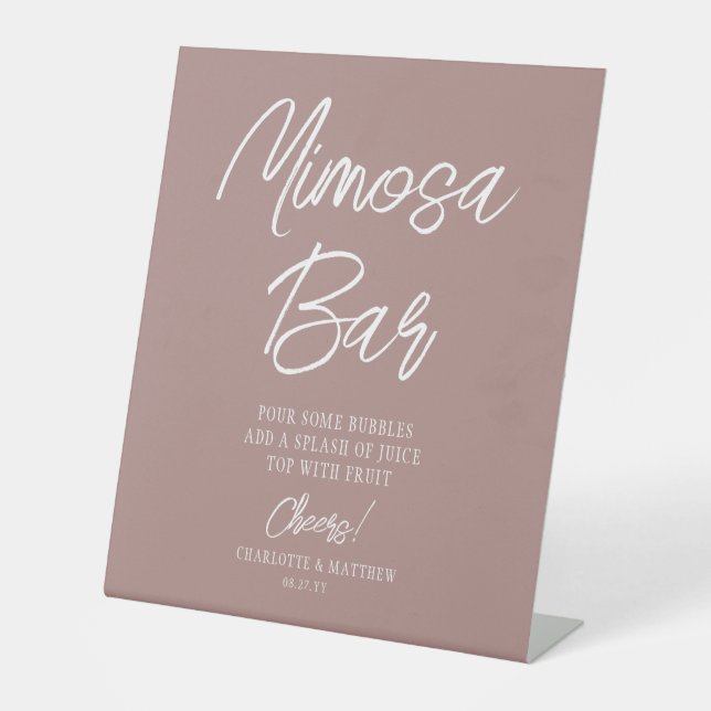 Mimosa Bar Cheers Modern Script Rose Gold Pedestal Sign (Front)