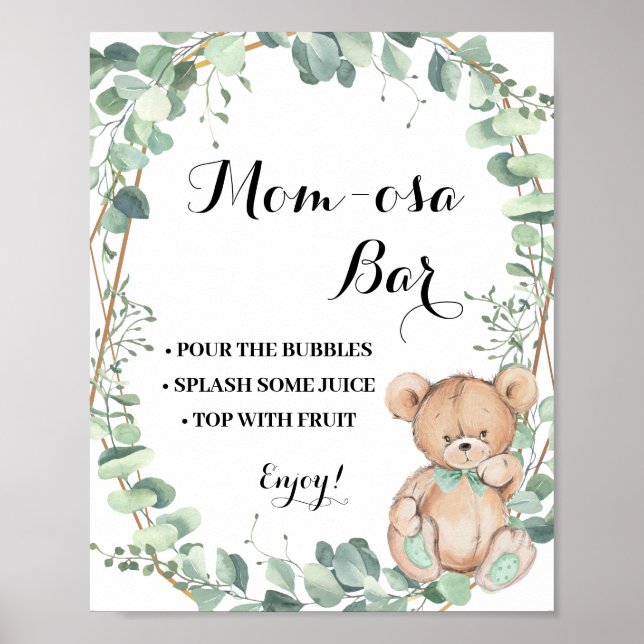 Mimosa Bar Momosa Bar Bear Greenery Baby Shower Poster (Front)