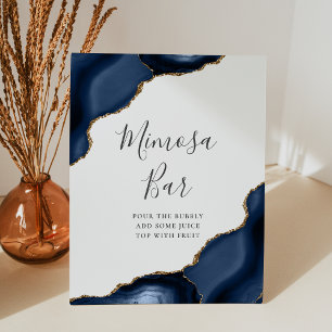 Mimosa Bar Navy Blue Gold Agate Bridal Shower Pedestal Sign