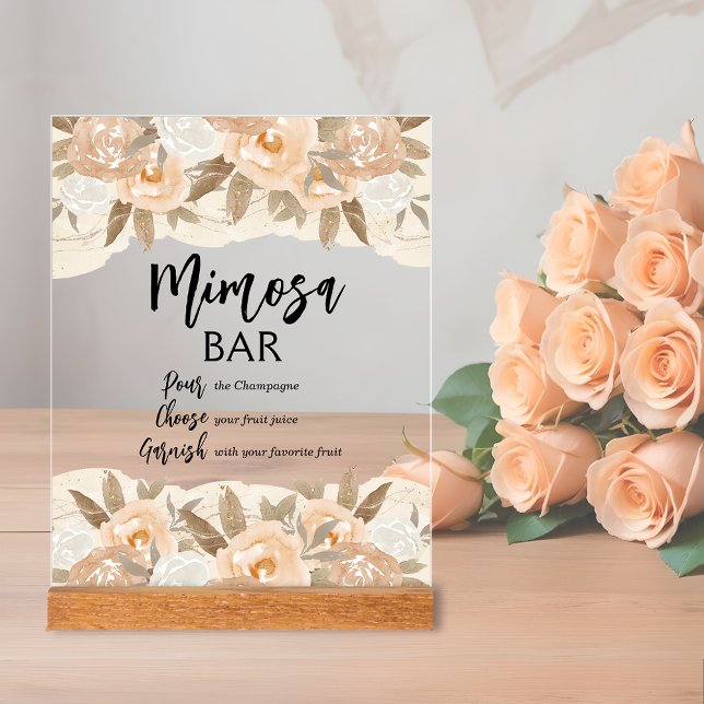 Mimosa Bar Peach Flowers Bridal Shower Acrylic Sign (Mimosa Bar bridal shower clear acrylic sign with rustic peach flowers and leaves on top and bottom)