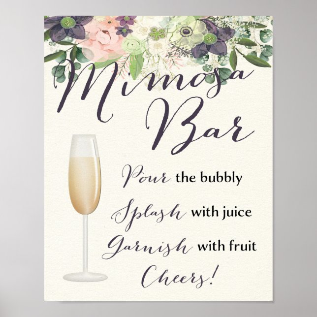 Mimosa Bar Sign Floral Pink Purple Watercolor (Front)