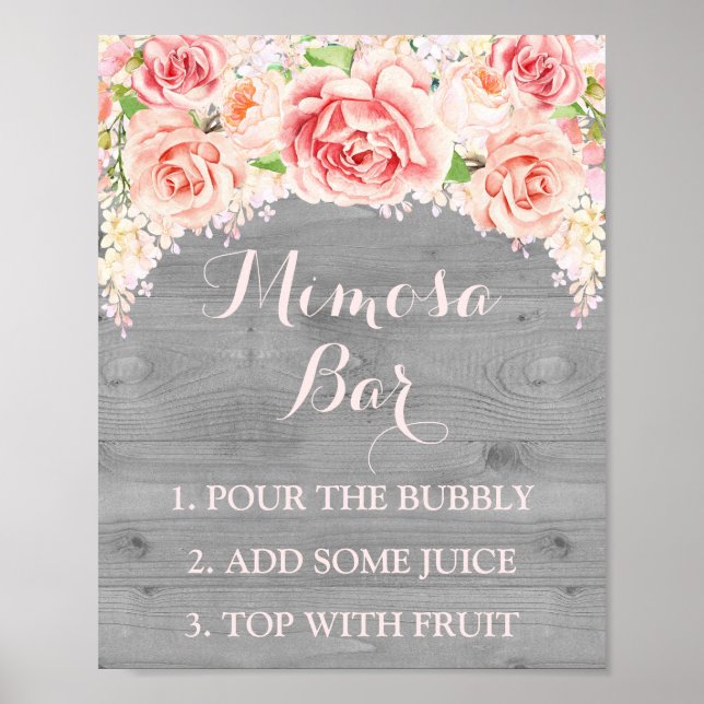 Mimosa Bar Sign Pink Watercolor Flowers Wood (Front)
