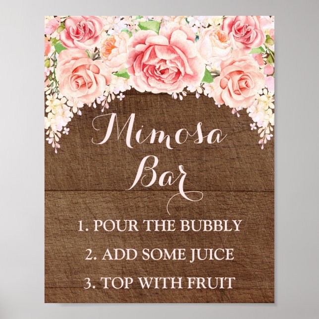 Mimosa Bar Sign Pink Watercolor Flowers Wood (Front)