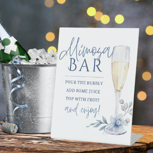 Mimosa Bar Watercolor Blue Floral Champagne  Pedestal Sign