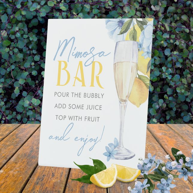 Mimosa Bar Watercolor Lemon Standing Pedestal Sign (Lemons and Blue Flowers Mimosa Pedestal Sign. Perfect for a Lemon Baby Shower or Main Squeeze Bridal)