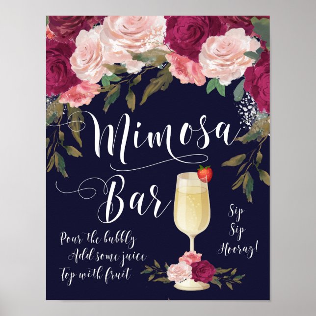 Mimosa Bar Wedding Sign Navy Burgundy floral (Front)
