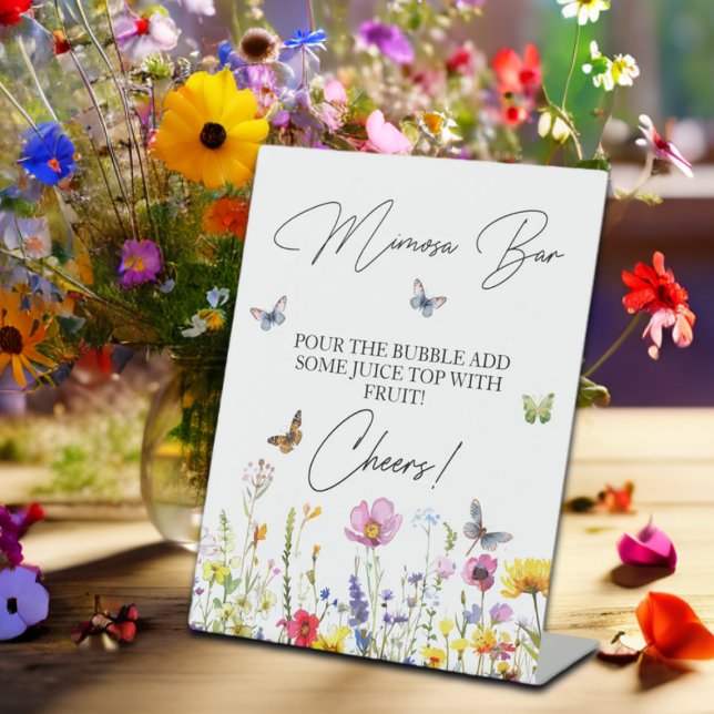 Mimosa Bar Wildflowers Butterflies Bridal Shower Pedestal Sign (Creator Uploaded)