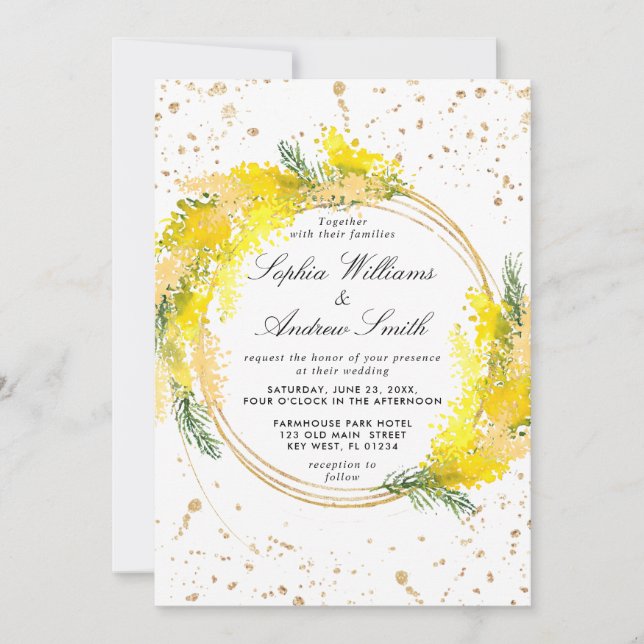 Mimosa Lush Flowers Wreath Wedding Invitation (Front)