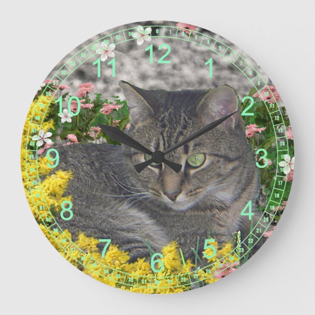 Mimosa the Tiger Cat in Mimosa Flowers Large Clock (Front)