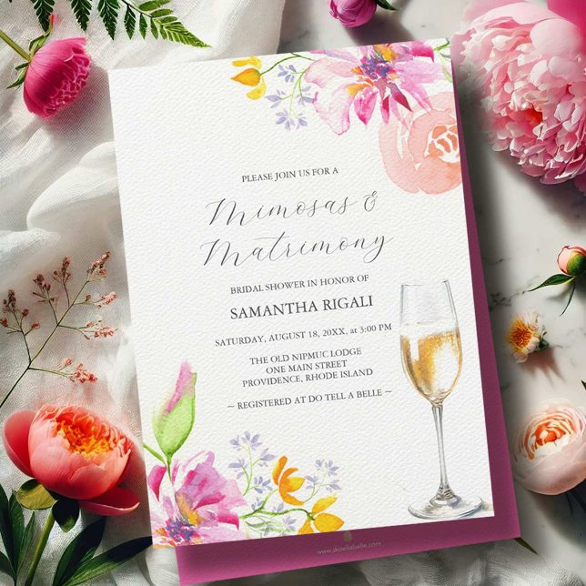Mimosas & Matrimony Bridal Shower Invitations (mimosas and matrimony bridal shower invitations watercolor flowers art by Victoria Grigaliunas)
