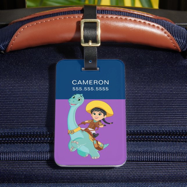 Min & Clover | Happy Cowgirl & Brontosaurus Ride Luggage Tag (Front Insitu 2)