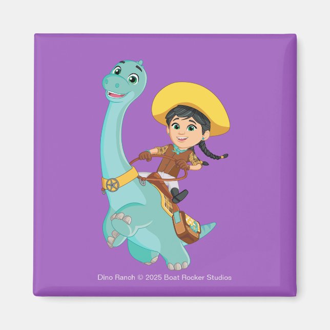 Min & Clover | Happy Cowgirl & Brontosaurus Ride Magnet (Front)