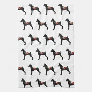 Min Pin C Dog Breed Boho Floral Silhouette Tea Towel