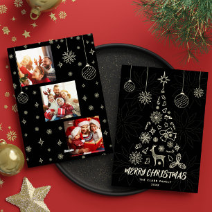 Minamalist Black Christmas Tree 3 Photo Collage Holiday Card
