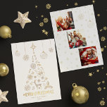 Minamalist White Christmas Tree 3 Photo Collage<br><div class="desc">This design features a minamalist white and gold christmas tree silhoutte made up of christmas illustrations such as snowflakes, holly and berries, reindeer, bells, candy cane and more. You can customise all the text. On the back is a 3 photo collage layout where you can upload your own family photos....</div>