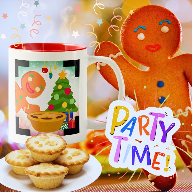 Mince Pie Photobombed by Gingerbread Man Two-Tone Coffee Mug (Mince Pie Photobombed by a Gingerbread Man at the annual Mince Pie Christmas Party.
)