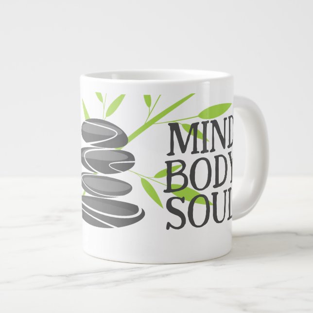 Mind body soul zen spirit pebble stones and bamboo large coffee mug (Front Right)