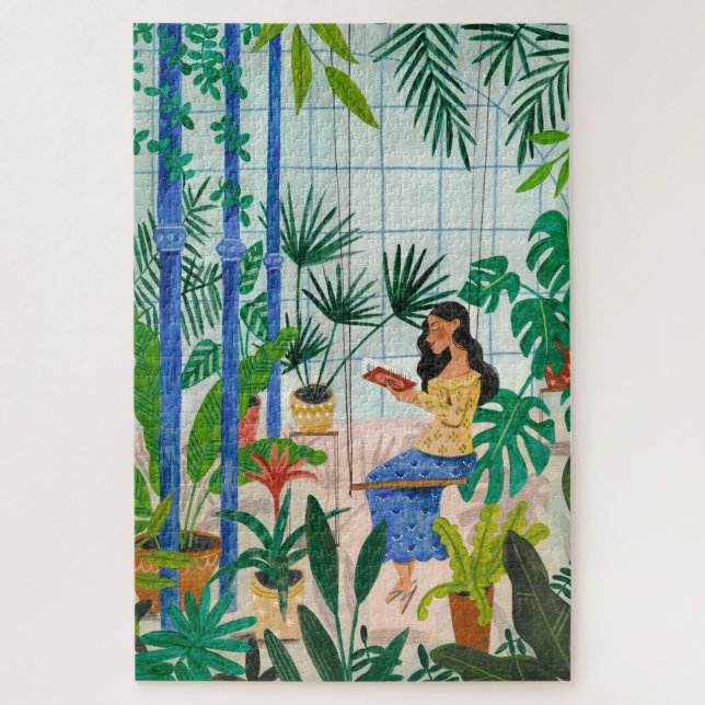 Mindful blue greenhouse plants girl reading jigsaw puzzle (Vertical)