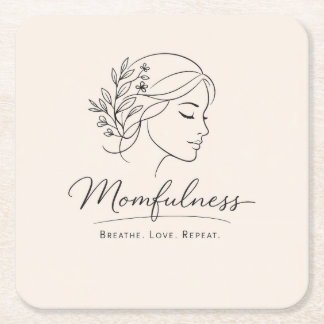 Mindful Mom Floral Line Art Square Paper Coaster
