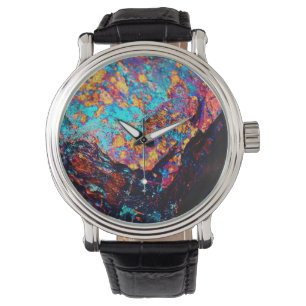 Mineral chalcopyritel stone look black blue gold watch