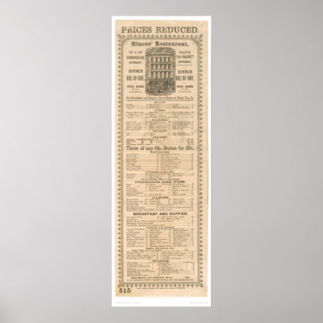 Miners' Restaurant Menu (1083A) Poster (Front)