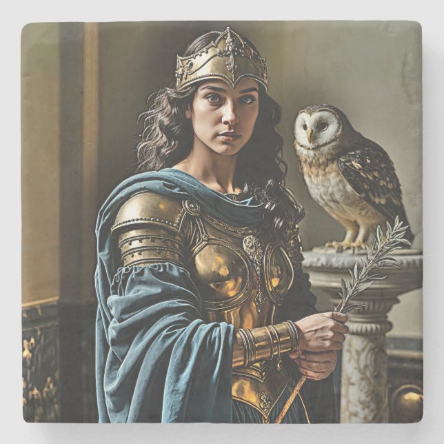 Minerva’s Silent Vigil - Roman Goddess Stone Coaster (Front)