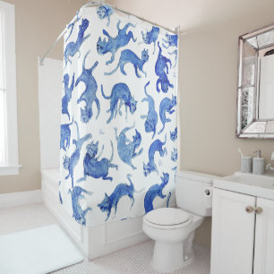Ming Blue Floating Cats Shower Curtain - Miao Chi