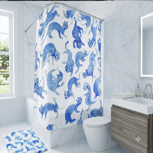 Ming Floating Cats Blue & White Miao Chi Shower Curtain