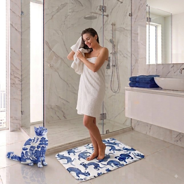 Ming Style Blue and White Floating Cats Bath Mat (Creator Uploaded)