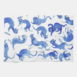 Ming Style Blue and White Floating Cats Kitchen Tea Towel