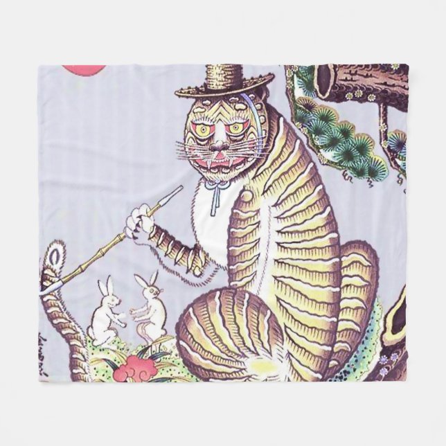 Minhwa Tiger with Rabbits and Pipe Fleece Blanket (Front (Horizontal))