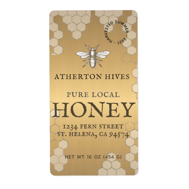 Mini 2" x 3.75" Gold Honey Label with Heraldic Bee (Front)