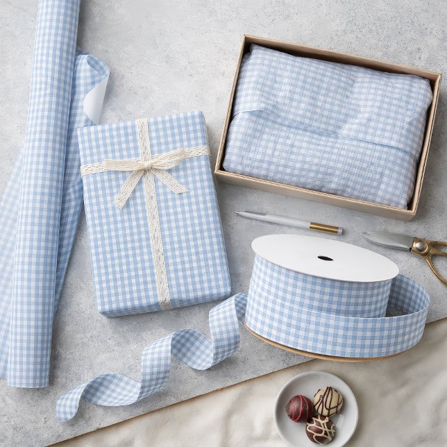 Mini Airy Blue Gingham Check Pattern Satin Ribbon (Mini Airy Blue Gingham Check Pattern )