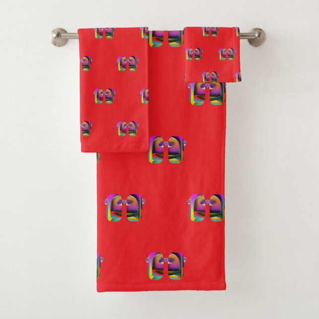 Mini Art Deco Reflected Glasses Design Red Bath Towel Set (Insitu)
