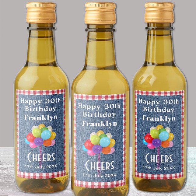 Mini Bottles Happy Birthday Gingham and Blue Denim Wine Label (Creator Uploaded)