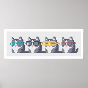 Mini Cats With Glasses Row Pixel Art Poster