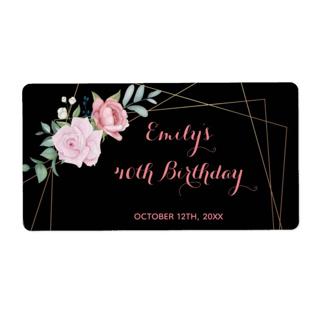 Mini champagne bottle label roses black birthday (Front)