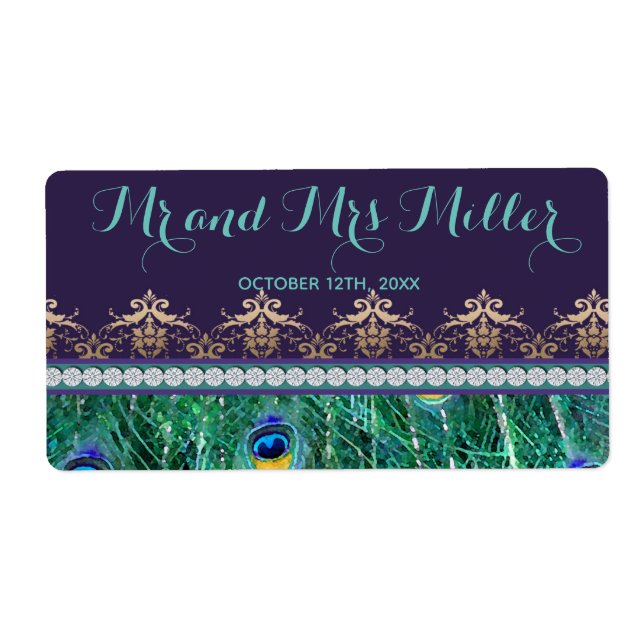 Mini champagne wine bottle label peacock wedding (Front)