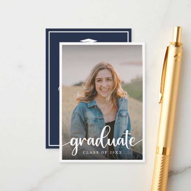  Mini Charcoal Blue Photo Graduation Invitation (Front/Back In Situ)