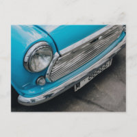 Mini Cooper vintage car light blue postcard