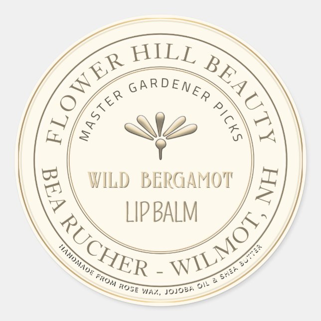 Mini Embossed Flower Lip Balm Metallic Gold Border Classic Round Sticker (Front)