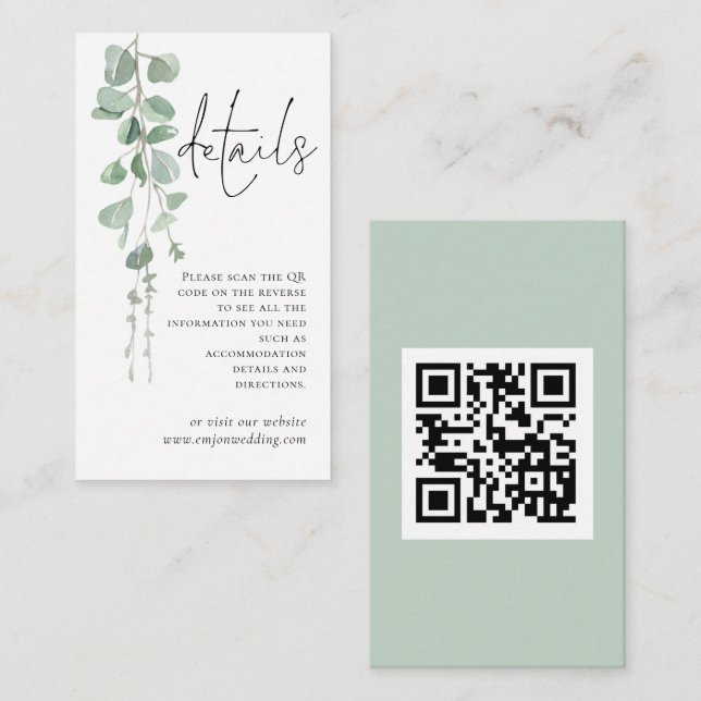 Mini Eucalyptus Script QR Code Wedding Details Enclosure Card (Front/Back)