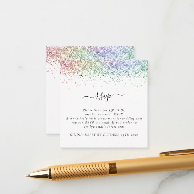 Mini Glam Rainbow Glitter QR Code Wedding RSVP Enclosure Card (Front/Back In Situ)