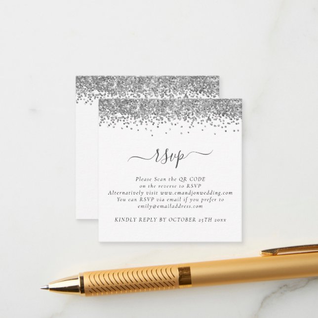 Mini Glam Silver Glitter QR Code Wedding RSVP  Enclosure Card (Front/Back In Situ)
