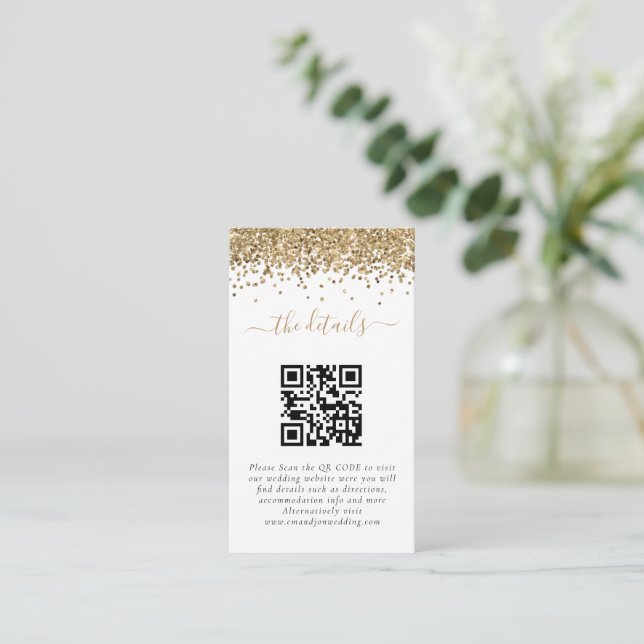 Mini Gold Glitter QR Code Wedding Details  Enclosure Card (Standing Front)