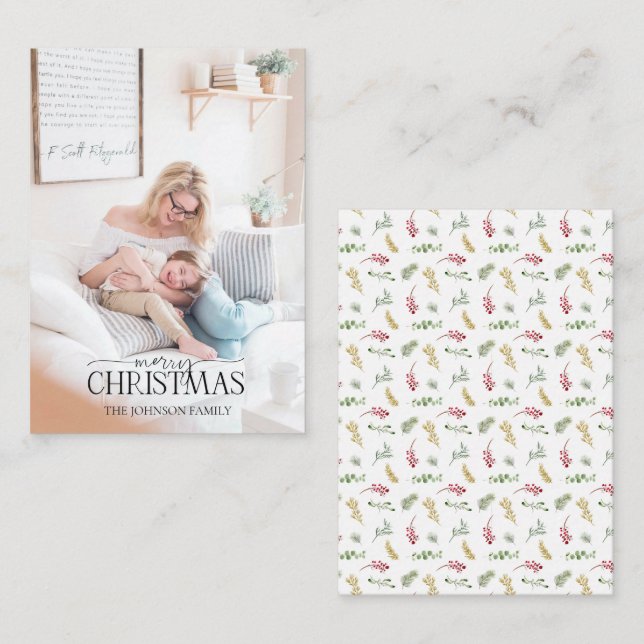 Mini Gold Winter Greenery Merry Christmas Photo Card (Front/Back)