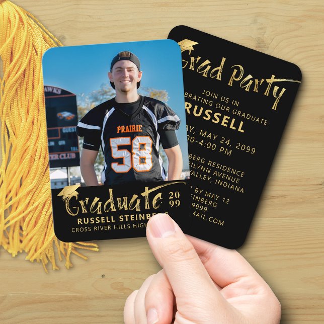 Mini Graduation Party Photo Black Gold Invitation (Creator Uploaded)